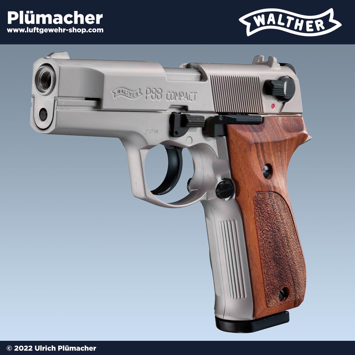 Walther P88 Schreckschuss Gaspistole vernickelt mit Holzgriffschalen .  Luftgewehr-Shop - Luftgewehre, Schreckschusswaffen, CO2 Waffen,  Luftpistolen kaufen