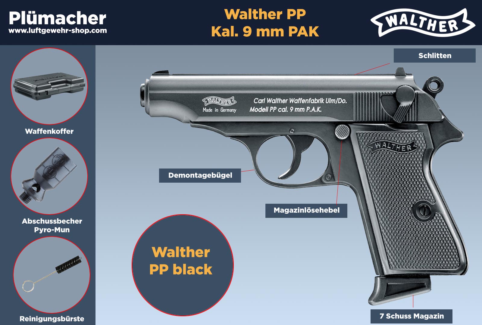 Walther Schreckschuss Pistole PP (Schwarz - Kunststoff