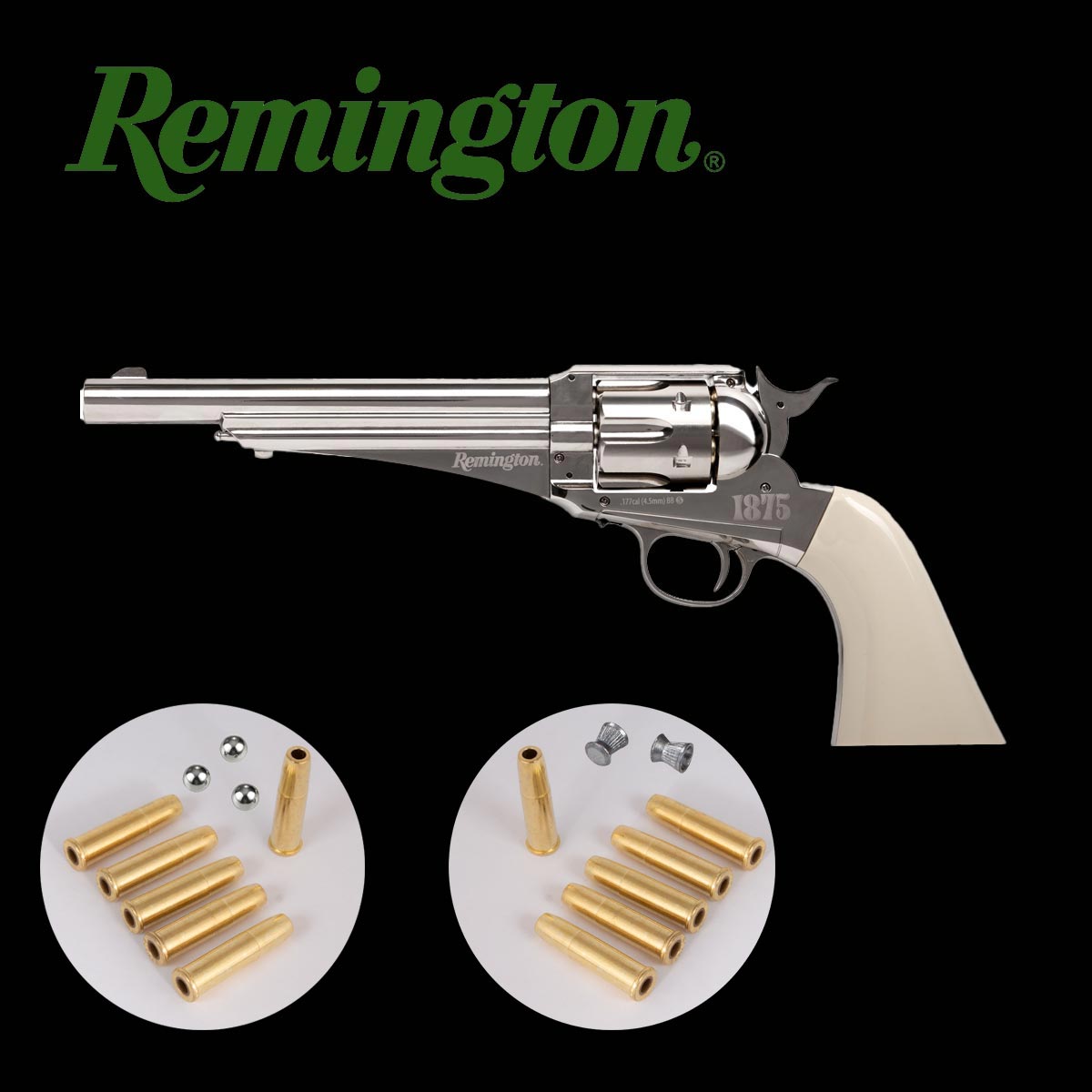 Remington 1875 CO2 Revolver für 4,5 mm Stahlrundkugeln und Diabolos mit 12 authentischen Ladehülsen