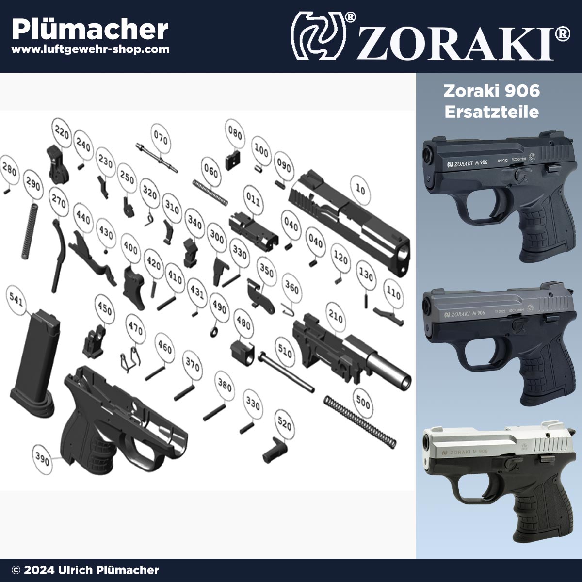 Ersatzteile Zoraki 906 Schreckschusspistole - Schlagbolzen, Auszieher, Magazine, Federn und Griffschalen