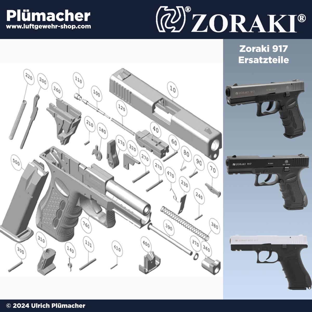 Ersatzteile Zoraki 917 Schreckschusspistole - Griffschalen, Schlagbolzen, Verschlussfeder, Magazine