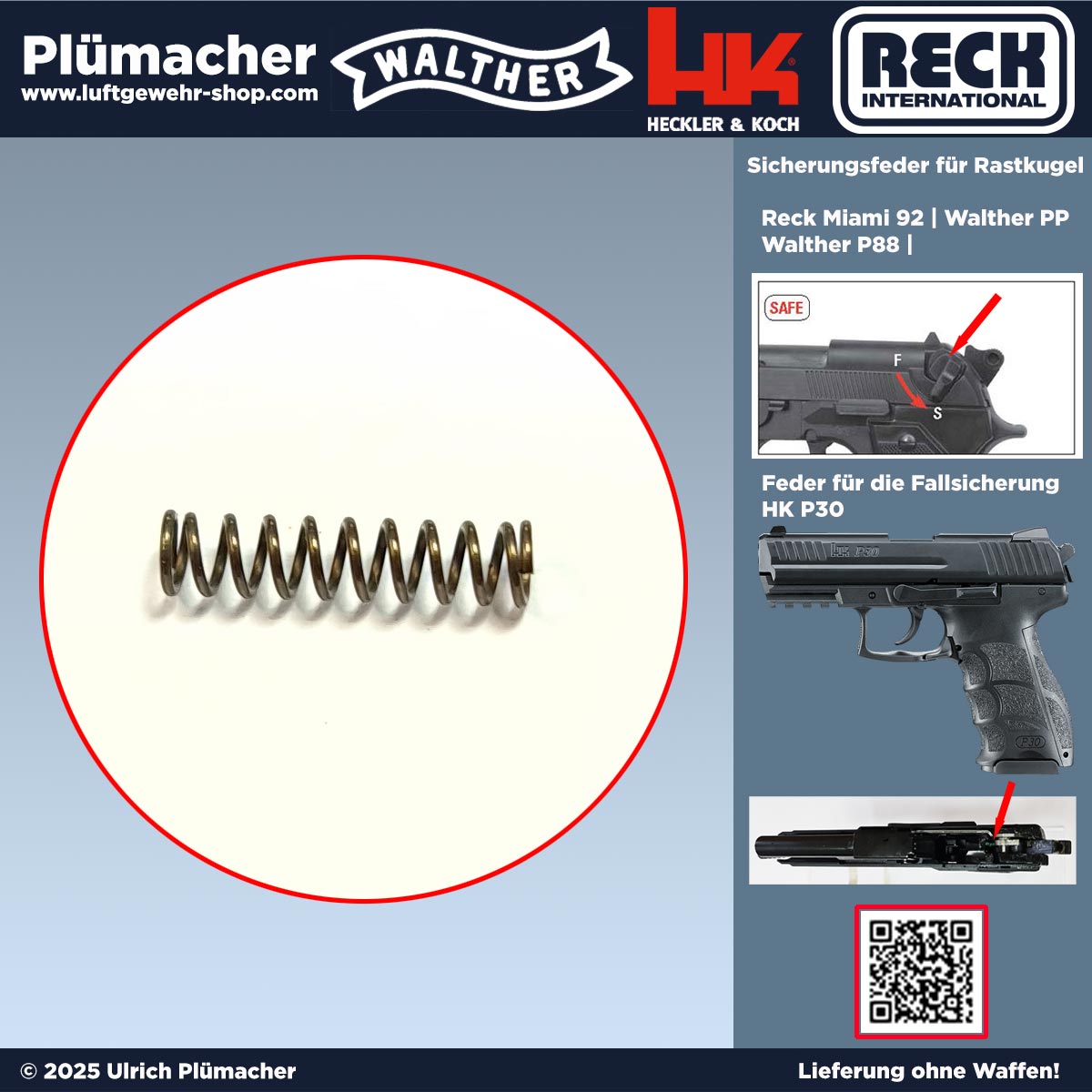 Reck Miami 92 Feder für Rastkugel - auch für die Walther PP, P88 und die Heckler & Koch P30